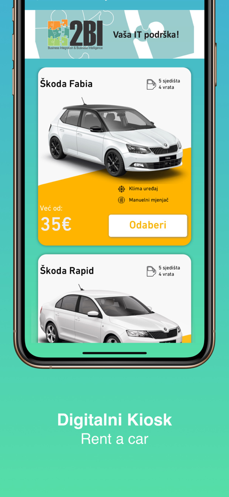 Digitalni Kiosk app interface for renting a car in Montenegro showing Skoda vehicle options and pricing