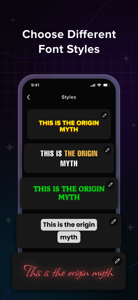 Interface showing various font styles for video captions in the AI Captions app