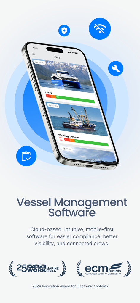 Sea-Flux - Logiciel de gestion de navires maritimes Sea-Flux sur un smartphone avec des icônes de sécurité et de maintenance