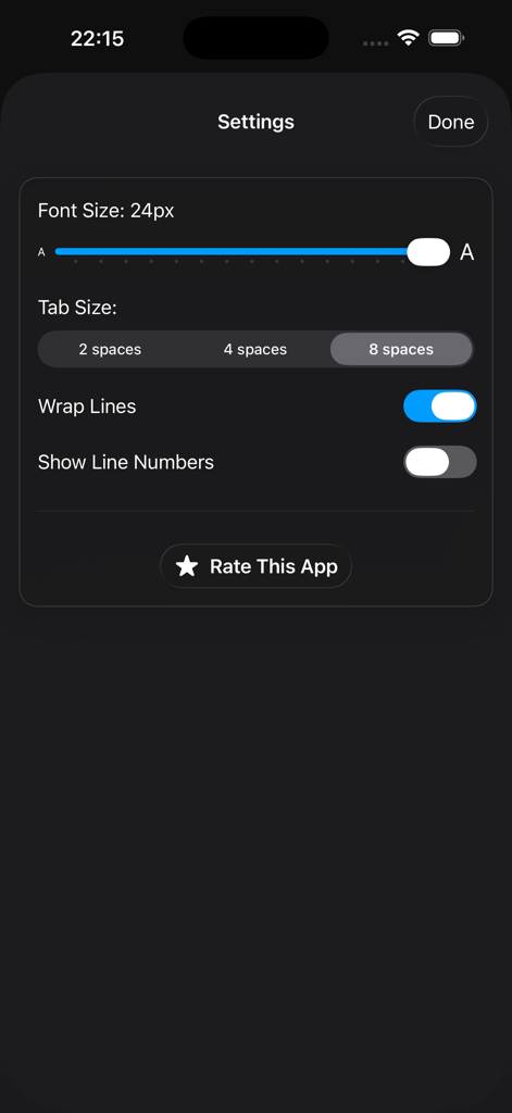 Settings screen of JSONCraft Editor showing options for font size tab size and line wrapping in dark mode