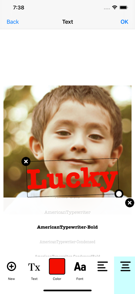 Aviary: Photo Editor, Airbrush - Adding red bold text overlay to a photo of a child using the text tool in Aviary Photo Editor.