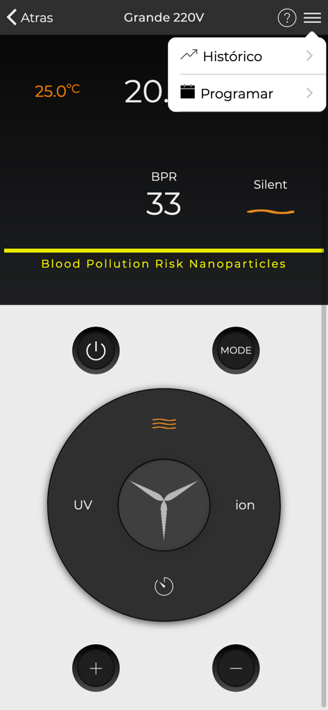 Biow - Interfaz de control de la aplicación móvil Biow que muestra métricas de calidad del aire y configuración del dispositivo.