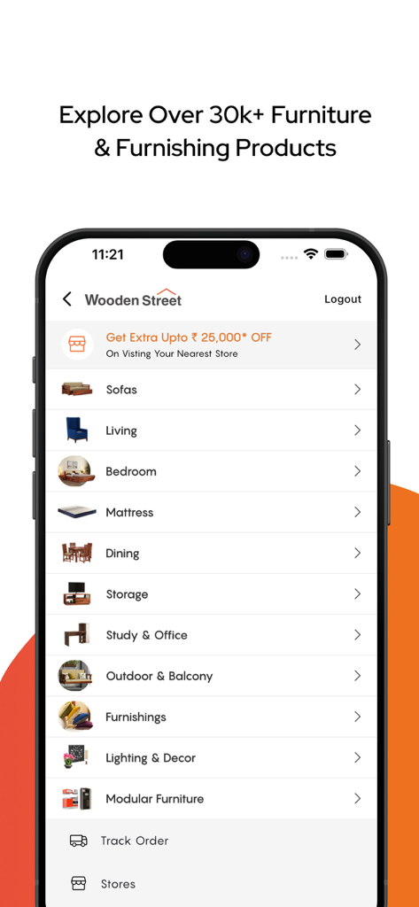 Wooden Street - Schermata dell'app mobile che mostra un menu di categorie di mobili tra cui divani, camera da letto e sala da pranzo