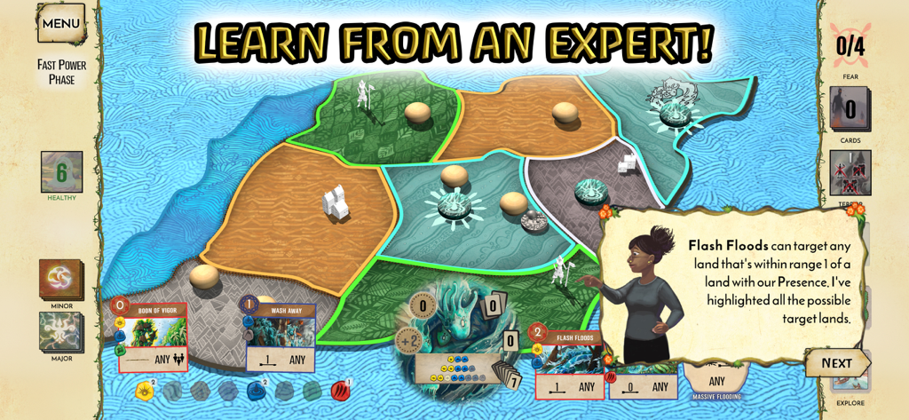 테마 섬 맵에서 카드 메커니즘을 설명하는 전문가 캐릭터가 등장하는 스피릿 아일랜드 모바일 게임 튜토리얼 화면