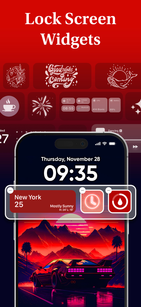 Écran de verrouillage d'iPhone avec fond d'écran synthwave et widgets esthétiques