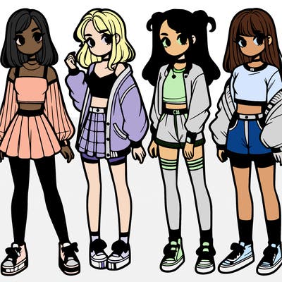 one girl with crop-top shirt and a jacket with a skirt, long socks and another girl with a shirt and pants with a jacket