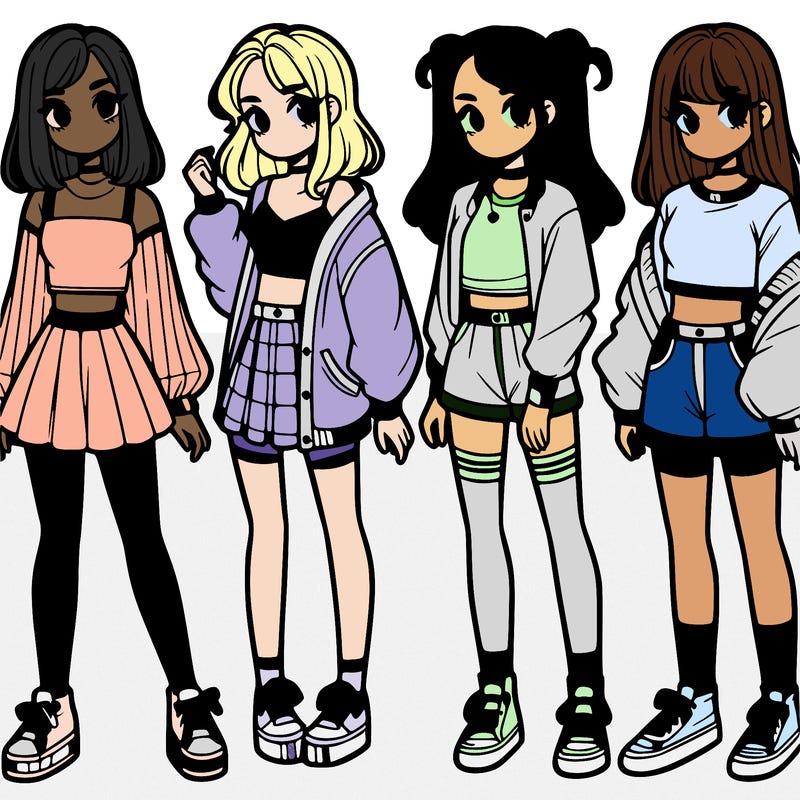 one girl with crop-top shirt and a jacket with a skirt, long socks and another girl with a shirt and pants with a jacket