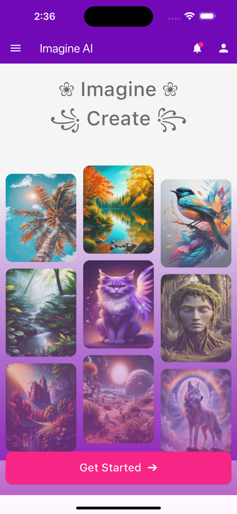 Imagine AI 앱 인터페이스는 다양한 AI 생성 아트 스타일 갤러리와 시작하기 버튼을 보여줍니다