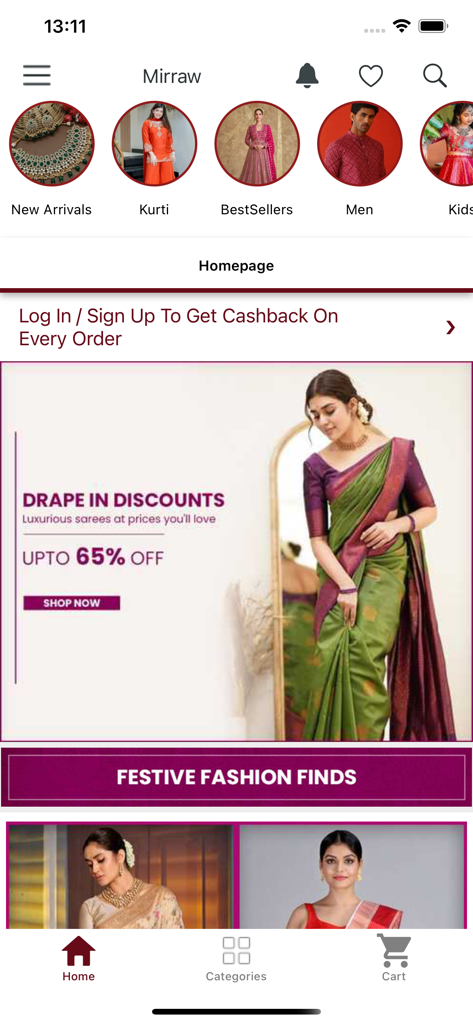Mirraw Sarees - Mirraw Sarees app home screen featuring Indian ethnic wear collections and festive discount banners.