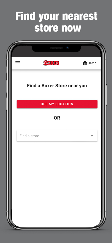Boxer - Interface of the Boxer app showing the store locator feature with a button to use current location