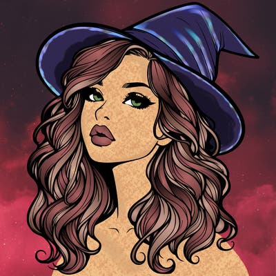 realistic witch girl with wavy hair and lips