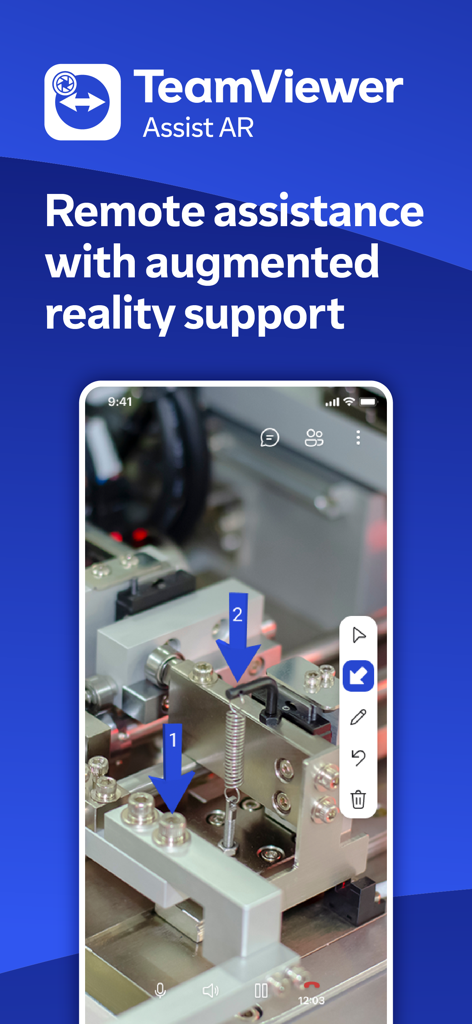 Pantalla de smartphone mostrando flechas 3D de realidad aumentada apuntando a piezas específicas de la máquina para soporte técnico remoto