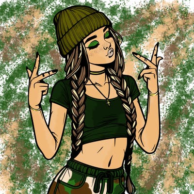 realistic teenage girl with braids and a beanie and crop top doing 🫶🏼