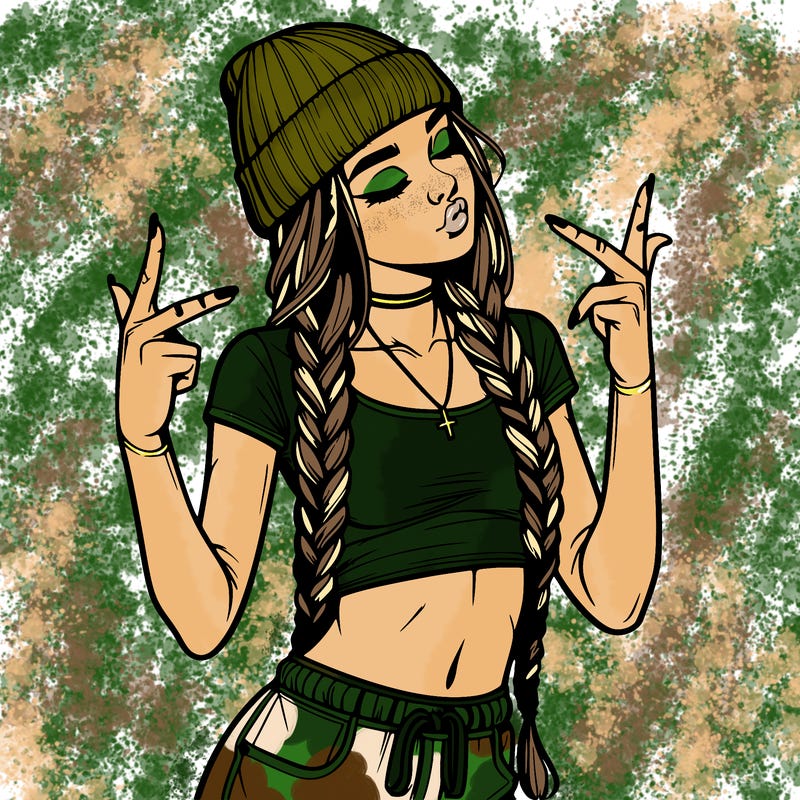 realistic teenage girl with braids and a beanie and crop top doing 🫶🏼
