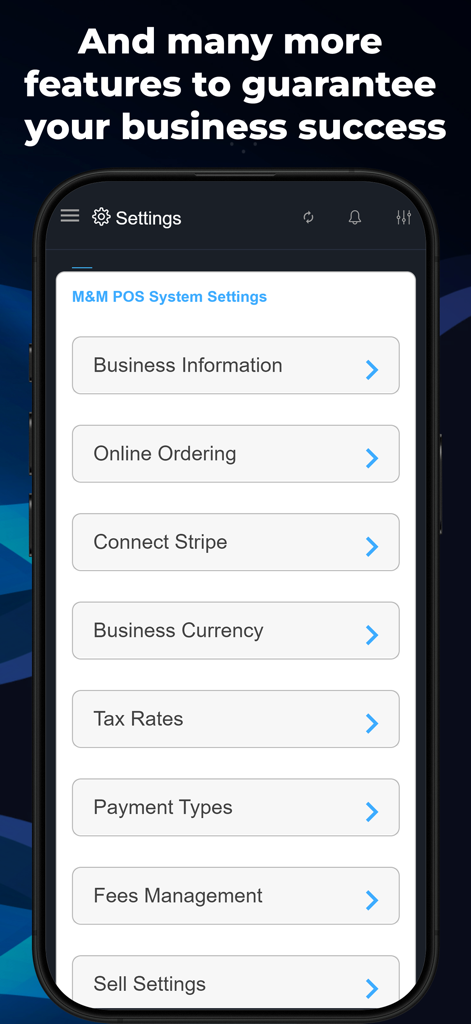 M&M POS - Payments For Stripe - The settings menu of the M&M POS app showing business information, Stripe integration, and tax rate configuration options.