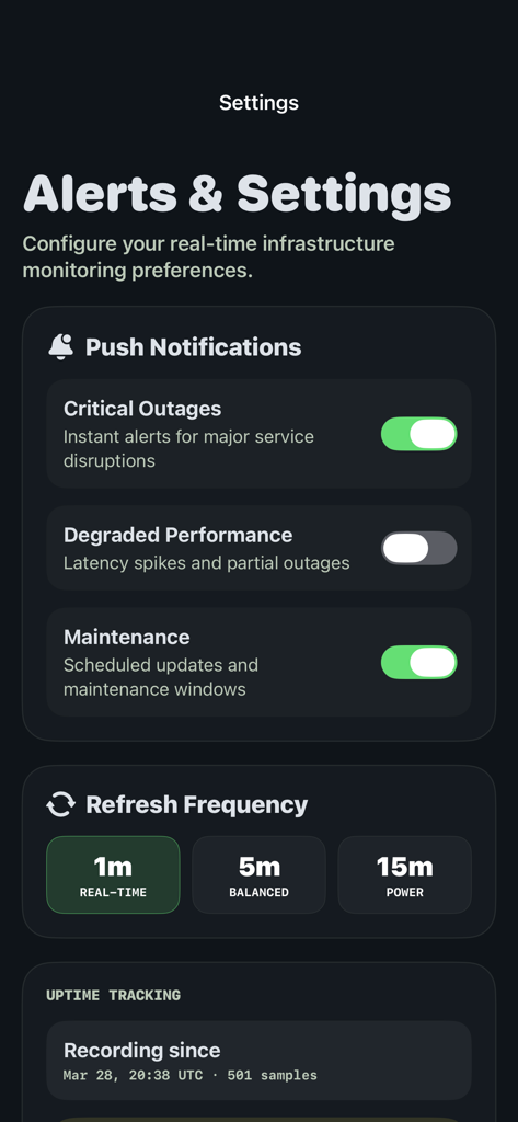 GitHub Status Monitor - Écran des alertes et des paramètres de GitHub Status Monitor montrant les commutateurs de notifications push et la sélection de la fréquence de rafraîchissement