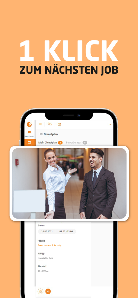 easystaff App - A smartphone displaying the easystaff app interface with a hospitality job listing and the text 1 Klick zum nächsten Job