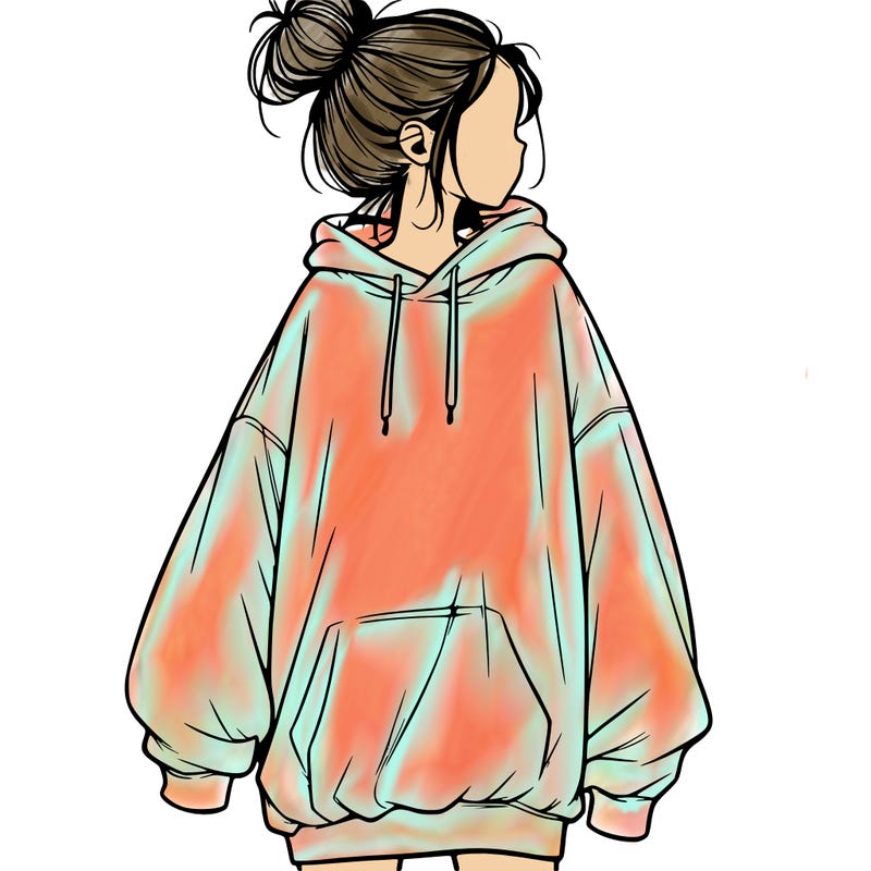 realistic girl with a oversized sweatshirt on and a bun