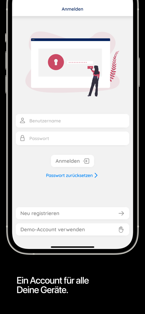 Anmeldebildschirm der Storyban-App mit Feldern für Benutzername und Passwort sowie einer Meldung zur Kontosynchronisierung über Geräte hinweg.