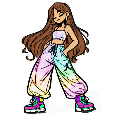 girl in baggy pants crop top and long hair