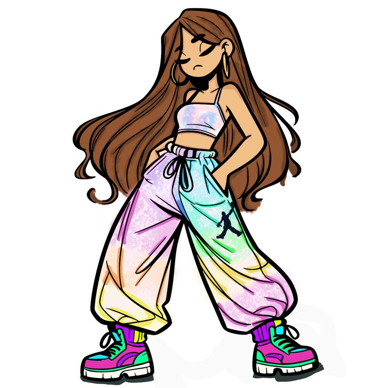 girl in baggy pants crop top and long hair