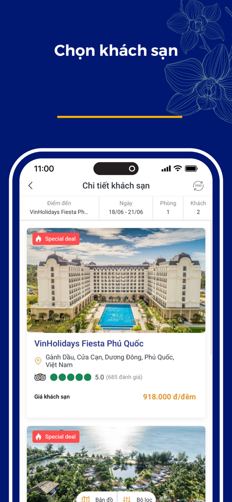 Mobile app interface of MyVinpearl showing a luxury hotel listing for VinHolidays Fiesta Phu Quoc with pricing and reviews.