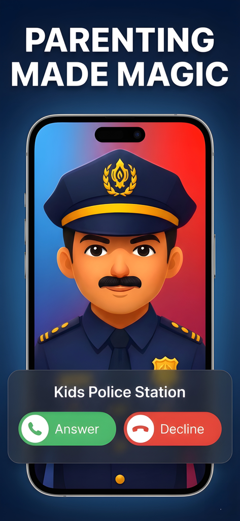 Kids Police: Fake Call Prank - A simulated incoming call from a cartoon police officer on a mobile phone for parenting discipline.