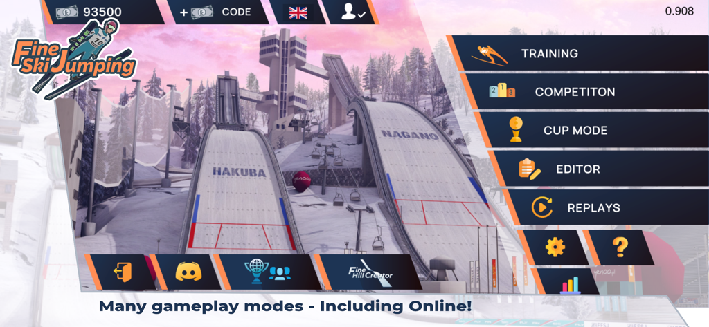 Fine Ski Jumping - Fine Ski Jumping 모바일 앱의 메인 메뉴 화면, 나가노와 하쿠바의 게임 모드와 스키 점프 표시