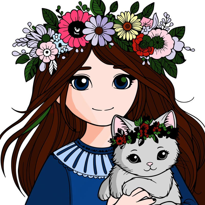 girl with flowers crown and a realistic cat
