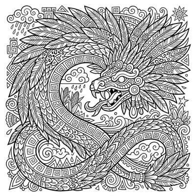 Embark on an artistic journey through ancient Mesoamerica with this captivating Feathered Serpent coloring page. This intricate design features the revered Quetzalcoatl, rich with symbolic patterns and cultural significance.