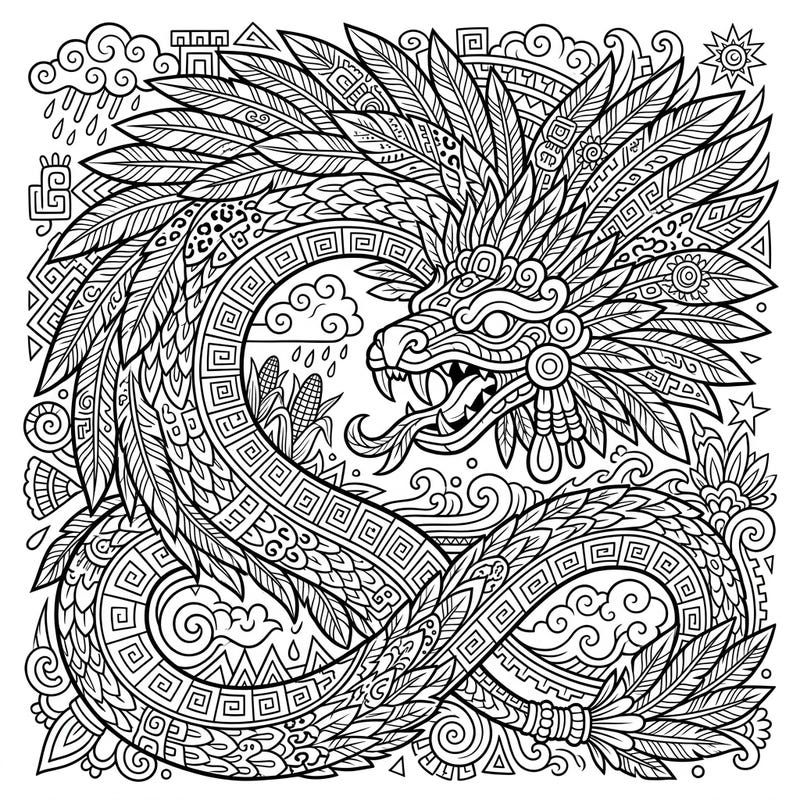 Embark on an artistic journey through ancient Mesoamerica with this captivating Feathered Serpent coloring page. This intricate design features the revered Quetzalcoatl, rich with symbolic patterns and cultural significance.