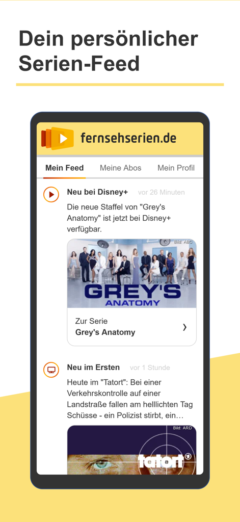 fernsehserien.de - Flux de nouvelles personnalisé de séries télévisées dans l'application fernsehserien montrant les mises à jour de Greys Anatomy et d'autres émissions.