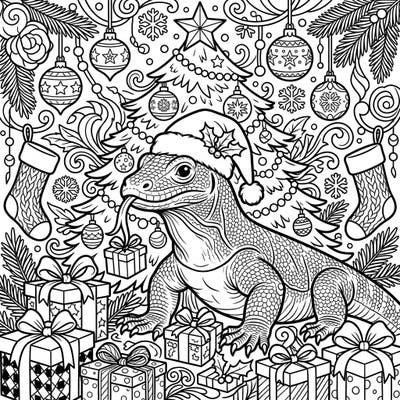 Dive into a wonderfully wild Christmas with this unique coloring page featuring a magnificent Monitor Lizard, playfully adorned with a Santa hat. Surrounded by festive ornaments and gifts, this scene offers a delightful blend of the exotic and the traditional for your holiday coloring enjoyment.
