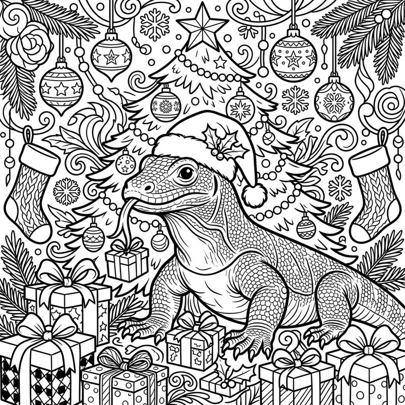 Dive into a wonderfully wild Christmas with this unique coloring page featuring a magnificent Monitor Lizard, playfully adorned with a Santa hat. Surrounded by festive ornaments and gifts, this scene offers a delightful blend of the exotic and the traditional for your holiday coloring enjoyment.