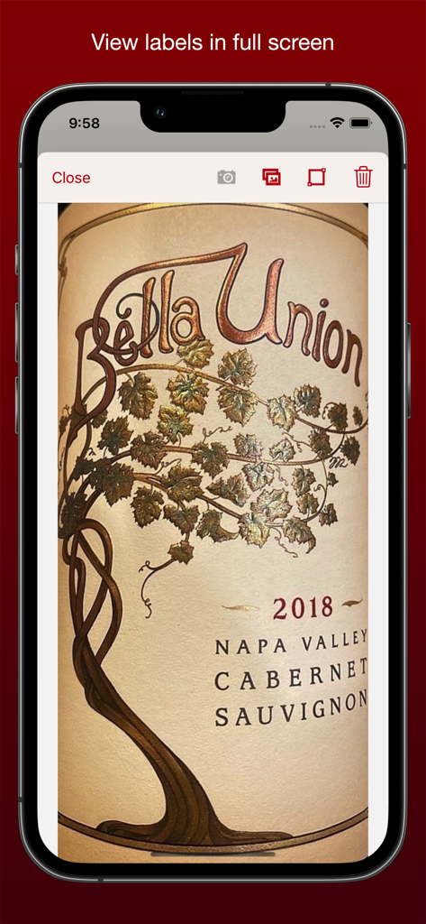 Full screen view of a Bella Union Napa Valley Cabernet Sauvignon wine label in the VinoCell app.