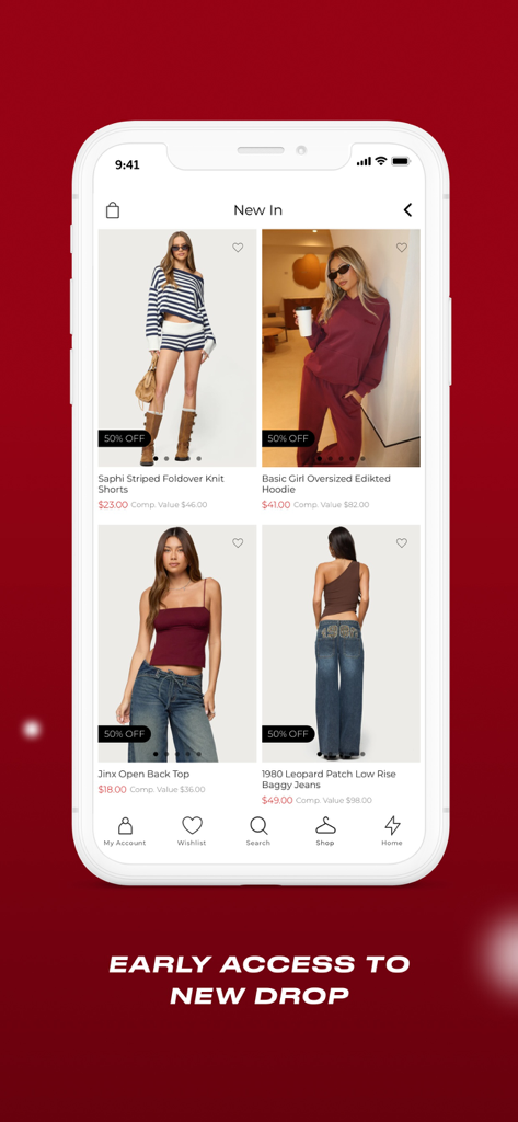 Schermata dell'app mobile Edikted che mostra un feed di moda con nuovi arrivi, vari outfit e offerte di sconto.