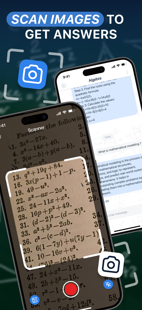 Interfaz de una aplicación móvil escaneando ecuaciones matemáticas para proporcionar soluciones instantáneas paso a paso.
