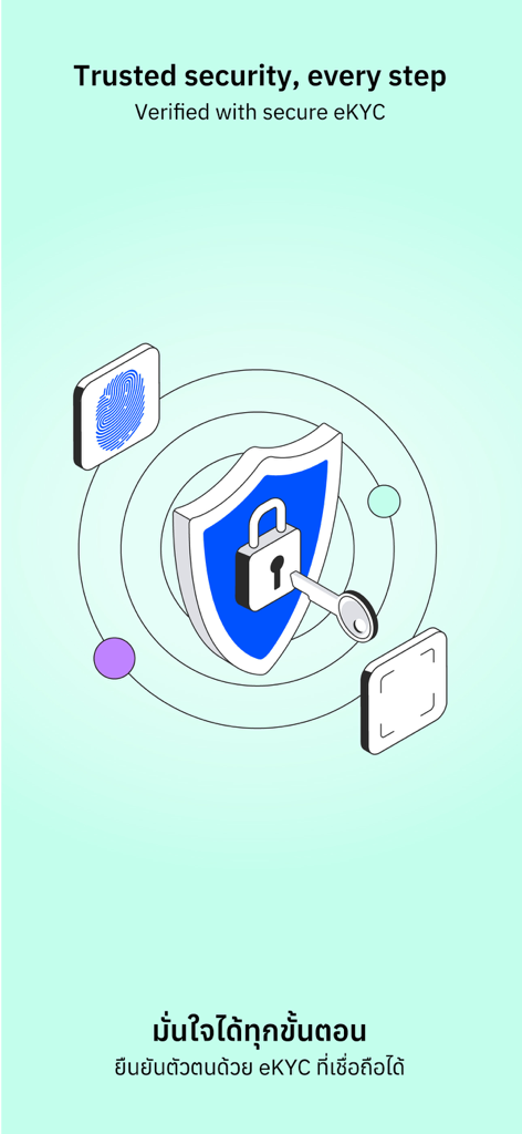 DeepPocket - Graphic illustrating trusted security and eKYC verification featuring a shield, lock, and biometric fingerprint icon