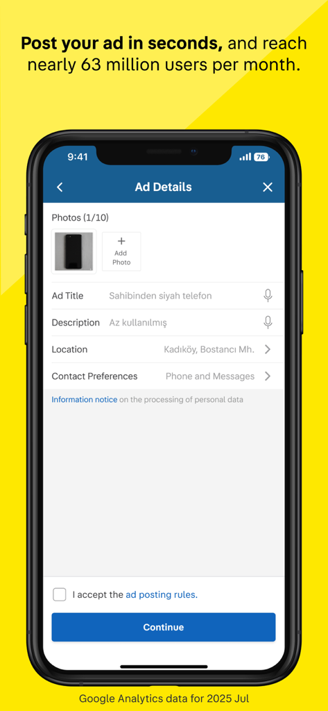 sahibinden #AlSatKiralaKesfet - Una pantalla móvil que muestra la interfaz de detalles del anuncio de la aplicación sahibinden para crear y publicar nuevos listados.