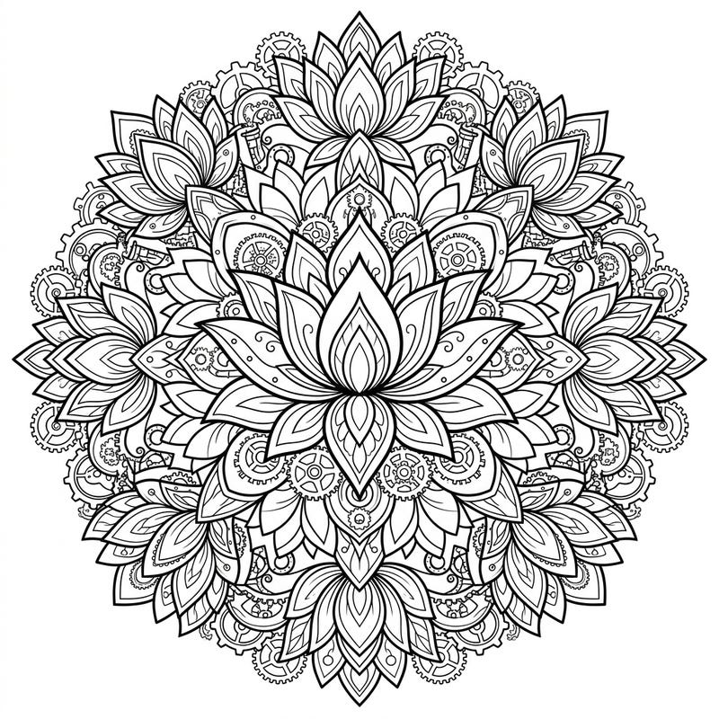 Dive into a mesmerizing world where ancient symbolism meets futuristic steam-powered artistry with this Steampunk Lotus Mandala coloring page. Discover intricate details and bring this unique fusion to life with your favorite colors.