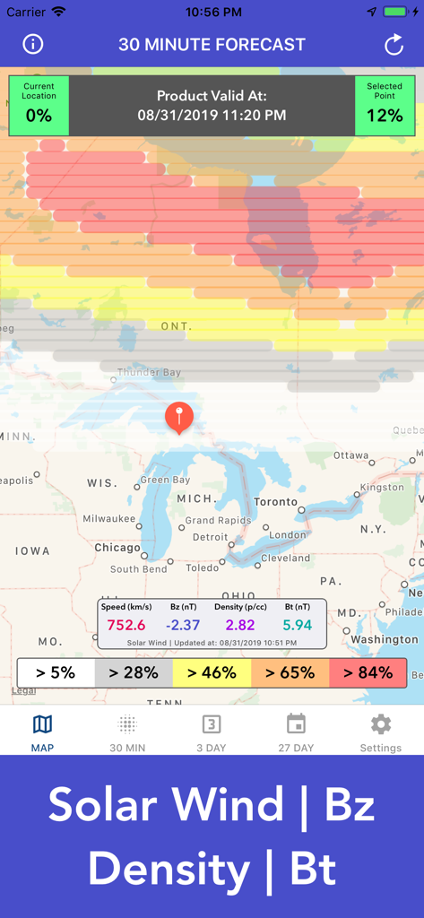 Interactive aurora forecast map with real-time solar wind and density statistics
