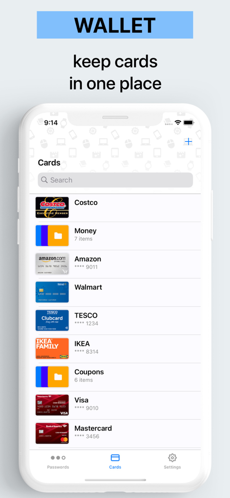 Capture d'écran iPhone montrant la fonctionnalité de portefeuille numérique de l'application Gestionnaire de mots de passe avec des cartes de magasin et des cartes de crédit organisées