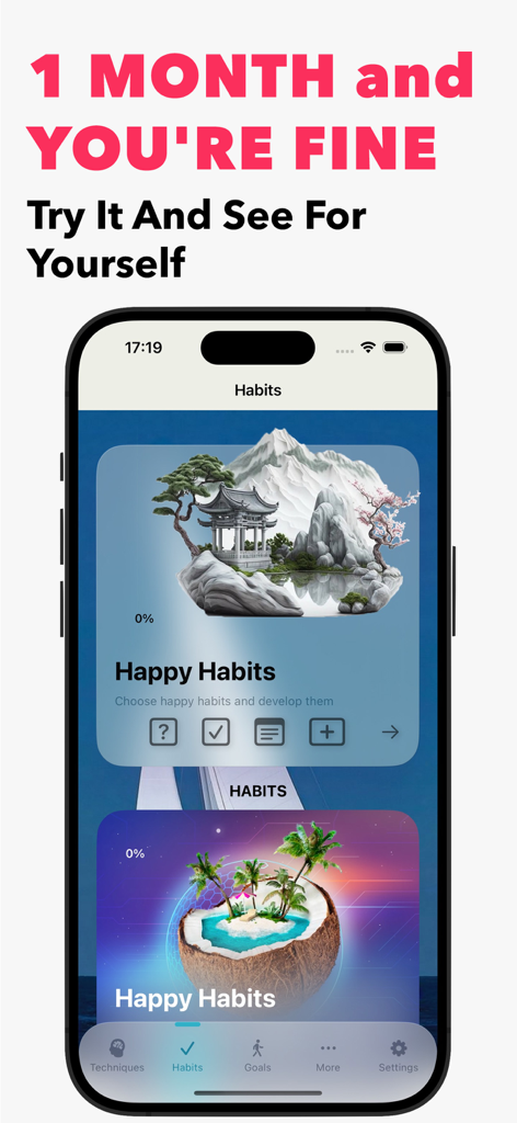 iHappy - Personal Happy Diary - iHappy app habits section showing progress cards for happy habits with artistic illustrations of a zen pagoda and a tropical beach.