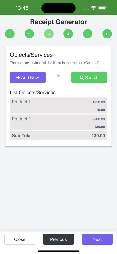 Receipt Generator v2 - Mobile app interface for adding services and products to a digital receipt with subtotal calculation.