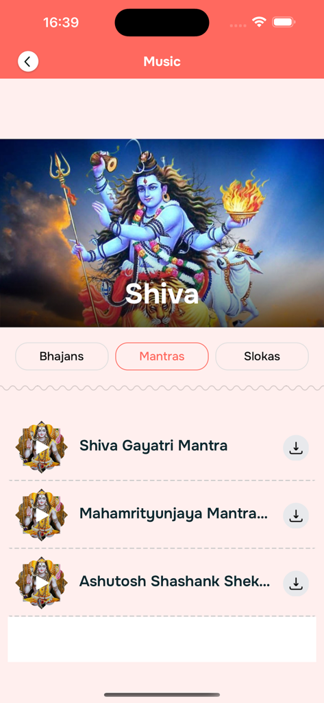 Devotional music screen featuring Lord Shiva mantras in the 2026 Calendar app