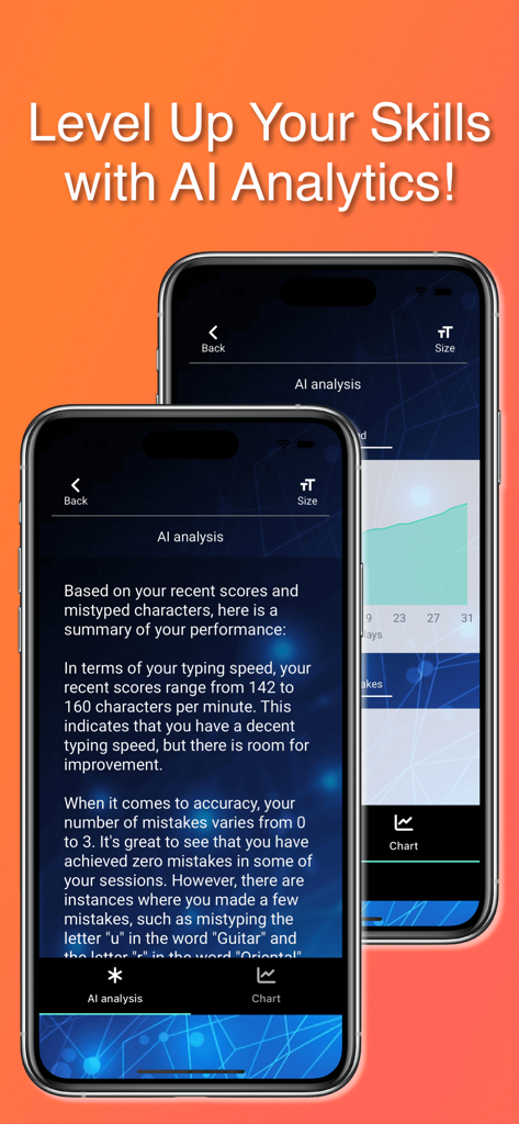 AI-Powered Typing Practice - A mobile app interface displaying AI-generated typing performance analysis and progress charts
