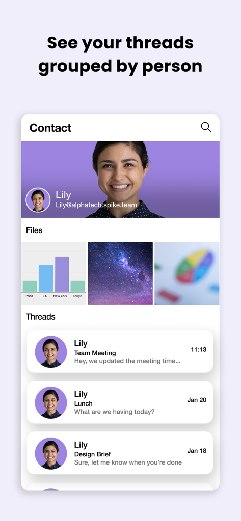 Spike: AI Email & Team Chat - Interfaz de la aplicación Spike mostrando hilos de correo electrónico y archivos compartidos agrupados por contacto