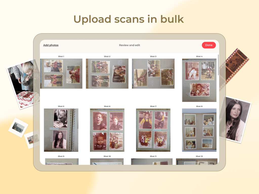 Interface de l'application Photomyne Pro sur iPad montrant le téléchargement en masse et le traitement automatisé de plusieurs pages d'albums photo numérisées.