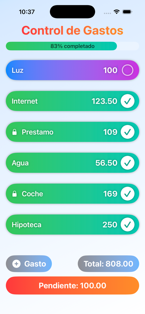 Control de Gastos Sencillo - Interfaz móvil de un rastreador de gastos que muestra una lista de facturas pagadas y pendientes
