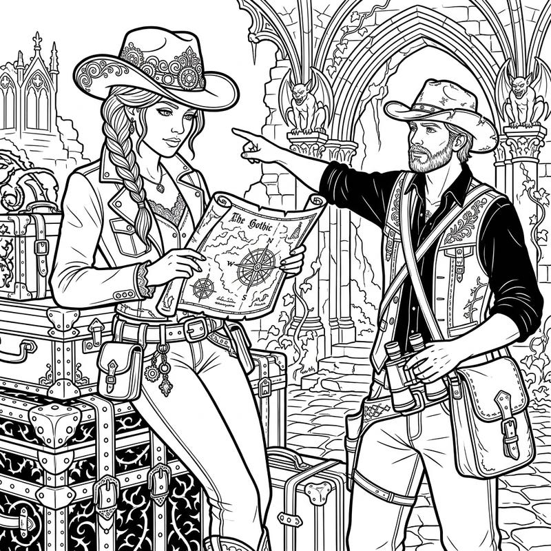Step into an intriguing world where rugged ranchers embark on a mysterious Gothic vacation. This unique coloring page blends adventure with ornate Victorian aesthetics, inviting you to explore its dramatic details.